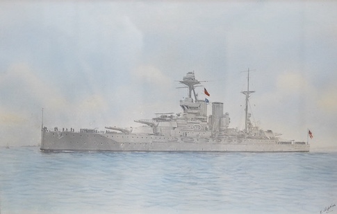 Two naval watercolours; E. Hopkins, watercolour, Royal Navy battleship HMS Malaya, 20.5 x 32.5cm, together with Douglas Ian Smart (1879-1970), watercolour, Saint Nicholas Tower at the harbour in La Rochelle, France, 23 x